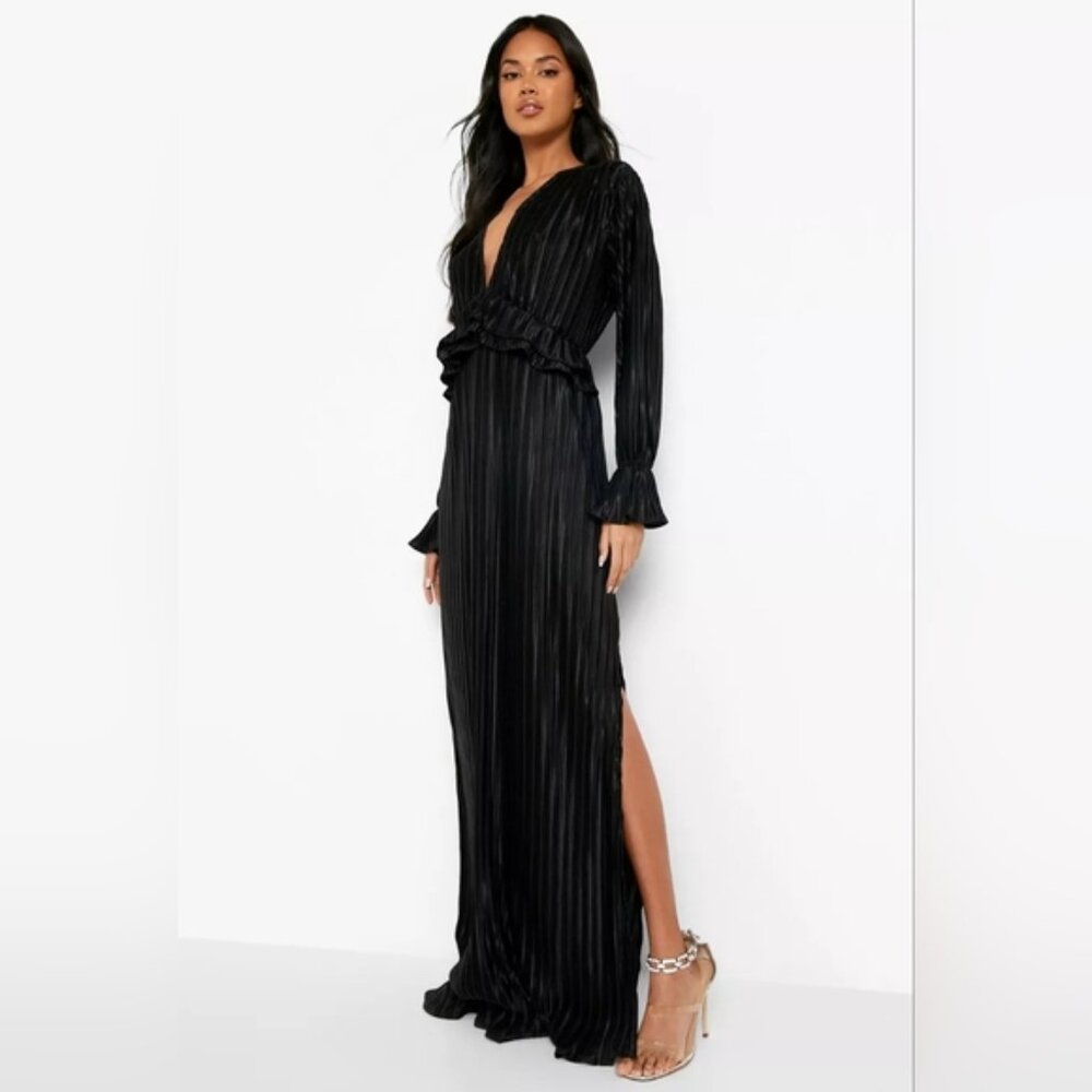 NWT Plus Black Pleated Long Sleeve Ruffle Detail Maxi Dress Size 28 Women